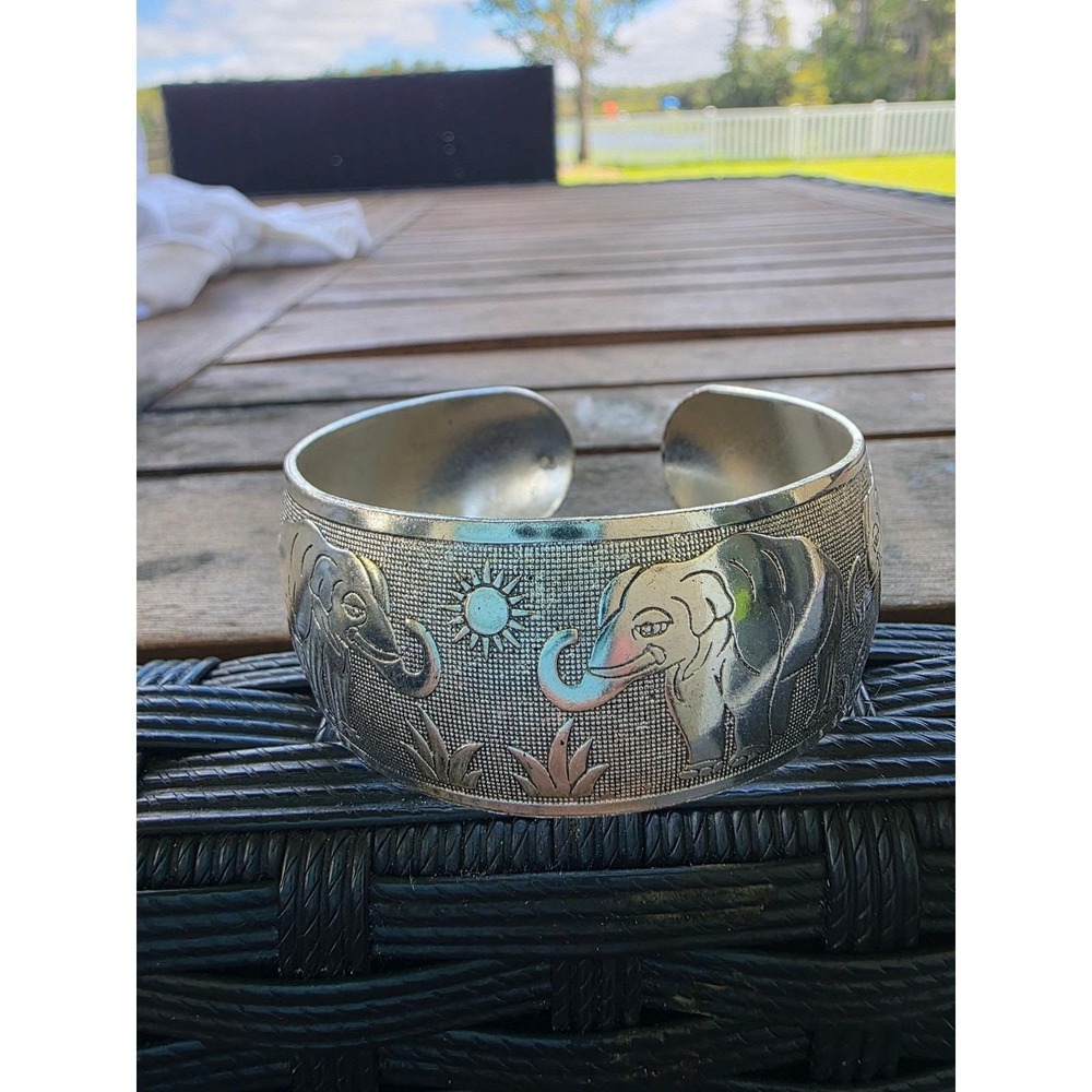 Silver Tone Elephant Cuff Bracelet Wide Boho Festival Statement Jewelry